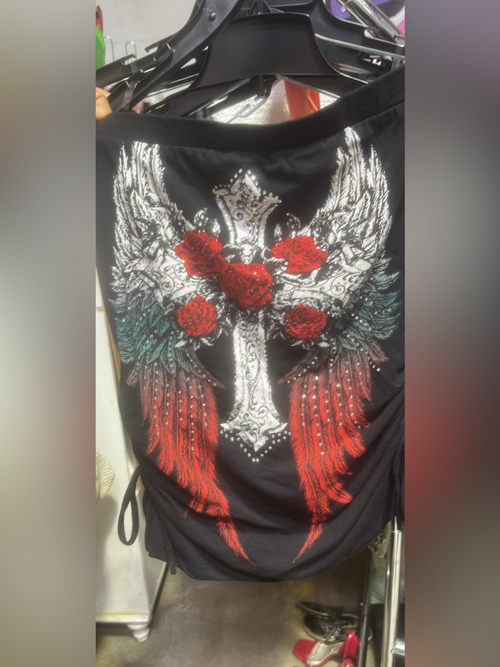 Black Graphic Tee with Red Rose & Wing Cross Motif